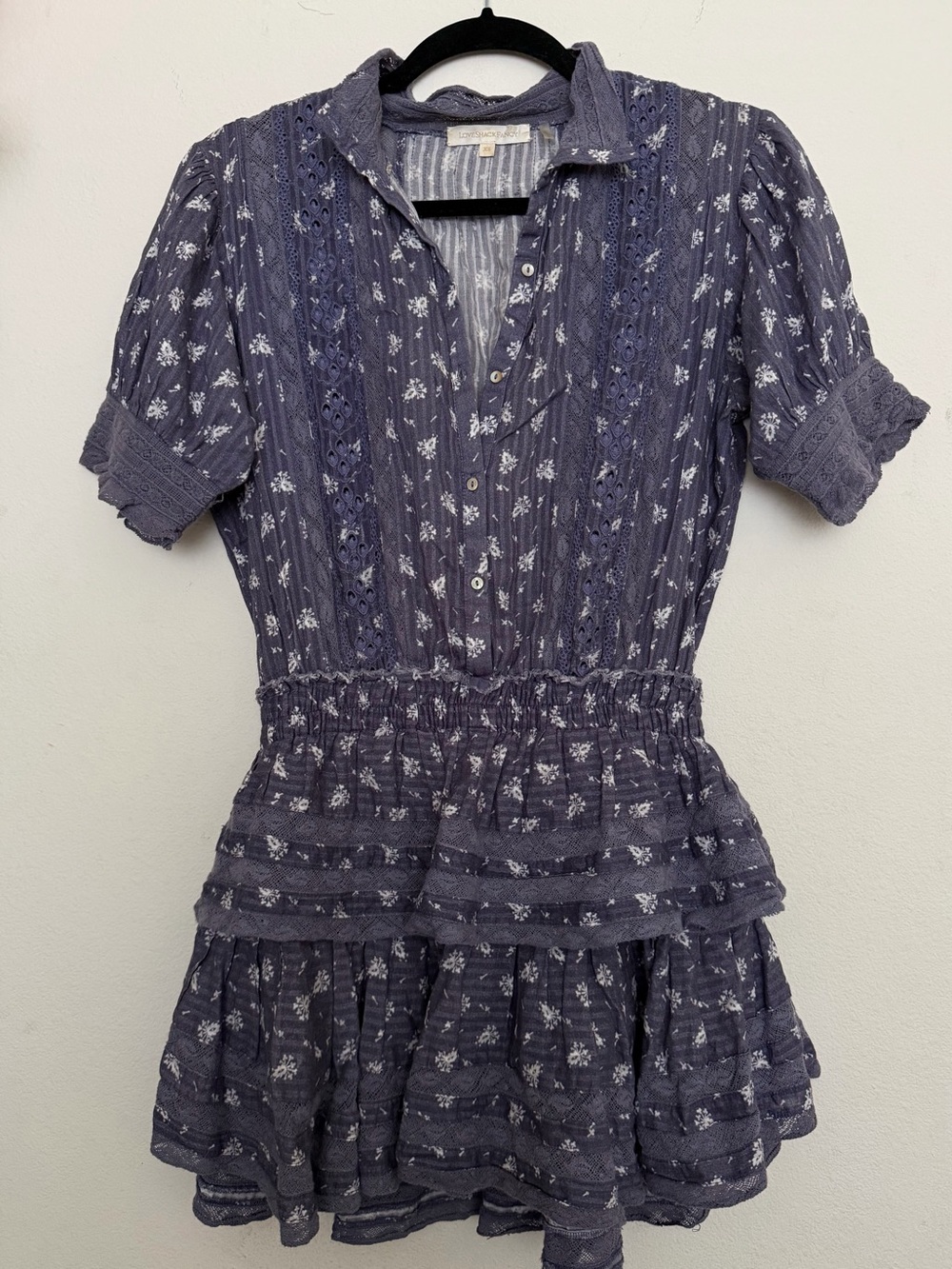 LoveShackFancy Lace-Trim Floral Buttonfront Mini Dress in Dusty Blue